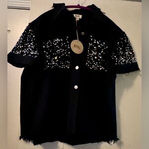 NWT BiBi Black Sparkling Beauty Top Button Up Shacket Size Small